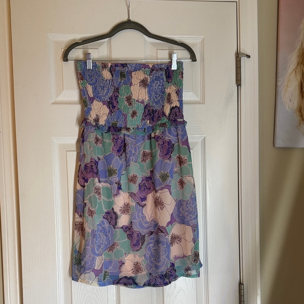 Tulle Strapless Mini Dress - Purple and Green Floral